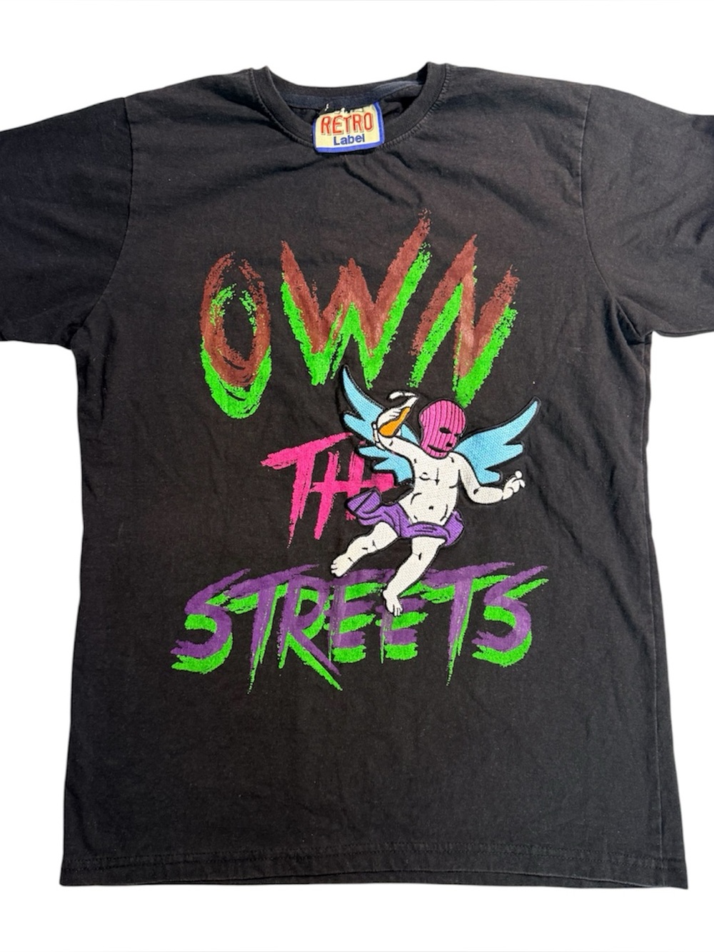 Retro Label Own The Streets Graphic Tee M Embroidered Angel Y2K Streetwear